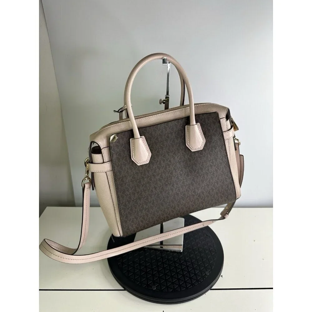 Michael Kors Mercer Medium Duffel Satchel Light Pink Stripe Leather Bag